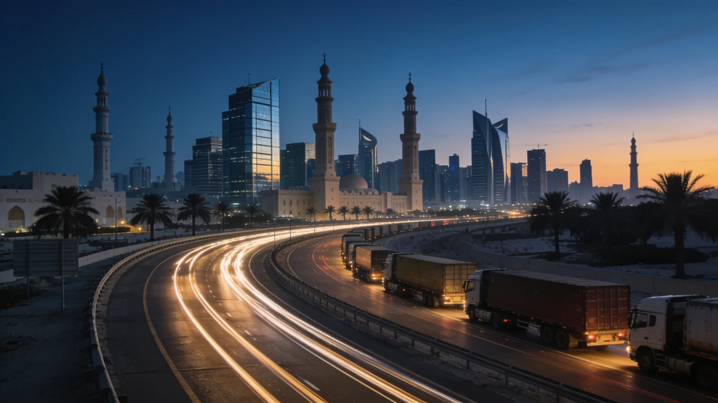 Freight trucks on a city ring road at dusk, traffic drawn out in light trails