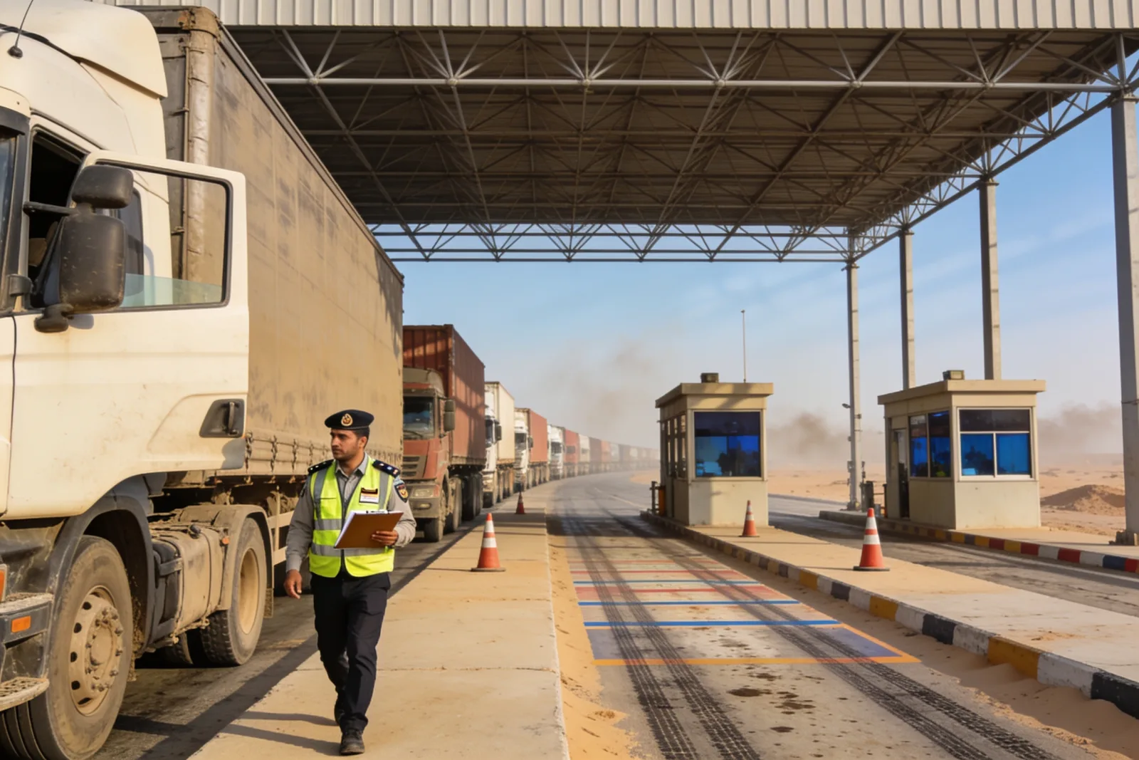 Freight trucks queued at a border crossing inspection lane